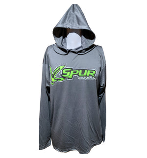 Spur Brand | Turkey Track Logo | Performance Hoodie | Charcoal Grey with Neon Green/Light Grey/Black