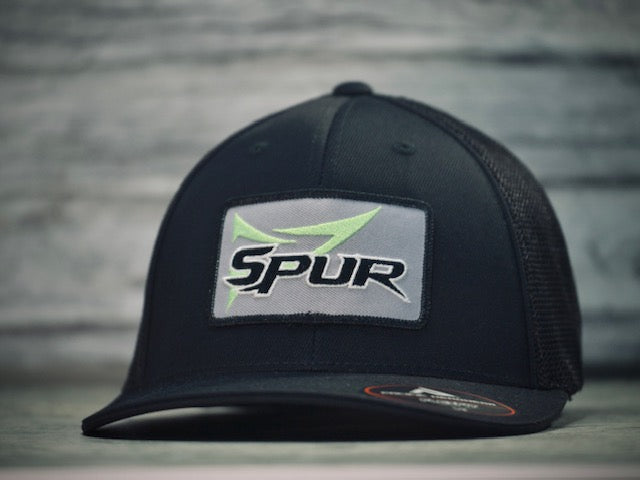 Double Spur Logo Twill Patch on Black & Black- Pacific Headwear Flex Fit Cap