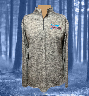 Spur Brand | Double Spur Logo | Ladies 1/4 Zip Pullover | Graphite Heather with Black/Pink/Blue | Front