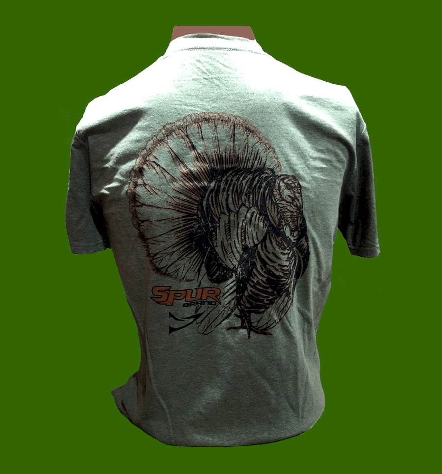 Spur Brand  "Big Turkey" Logo | Short Sleeve T-Shirt | Heather Green with Orange/Black | Rear