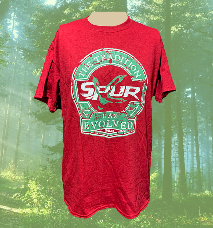 Spur Brand | Distressed "The Tradition Has Evolved" Logo | Short Sleeve T-Shirt | Heather Cardinal Red with Soft Green/White